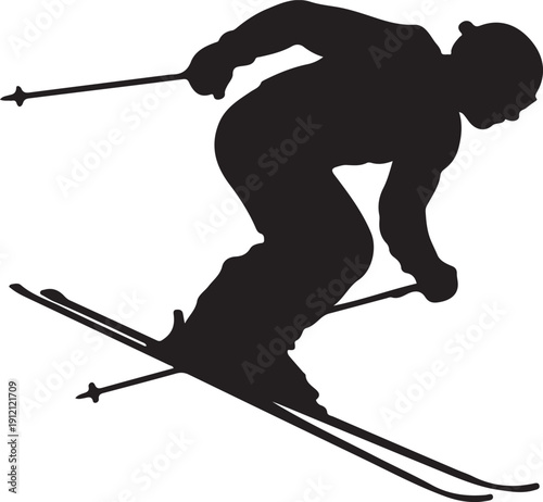 A black silhouette depicts a person actively skiing.