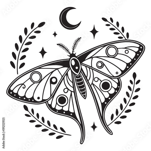 Luna Moth Vector Illustration with Moon and Stars - Celestial Mystical Insect Design