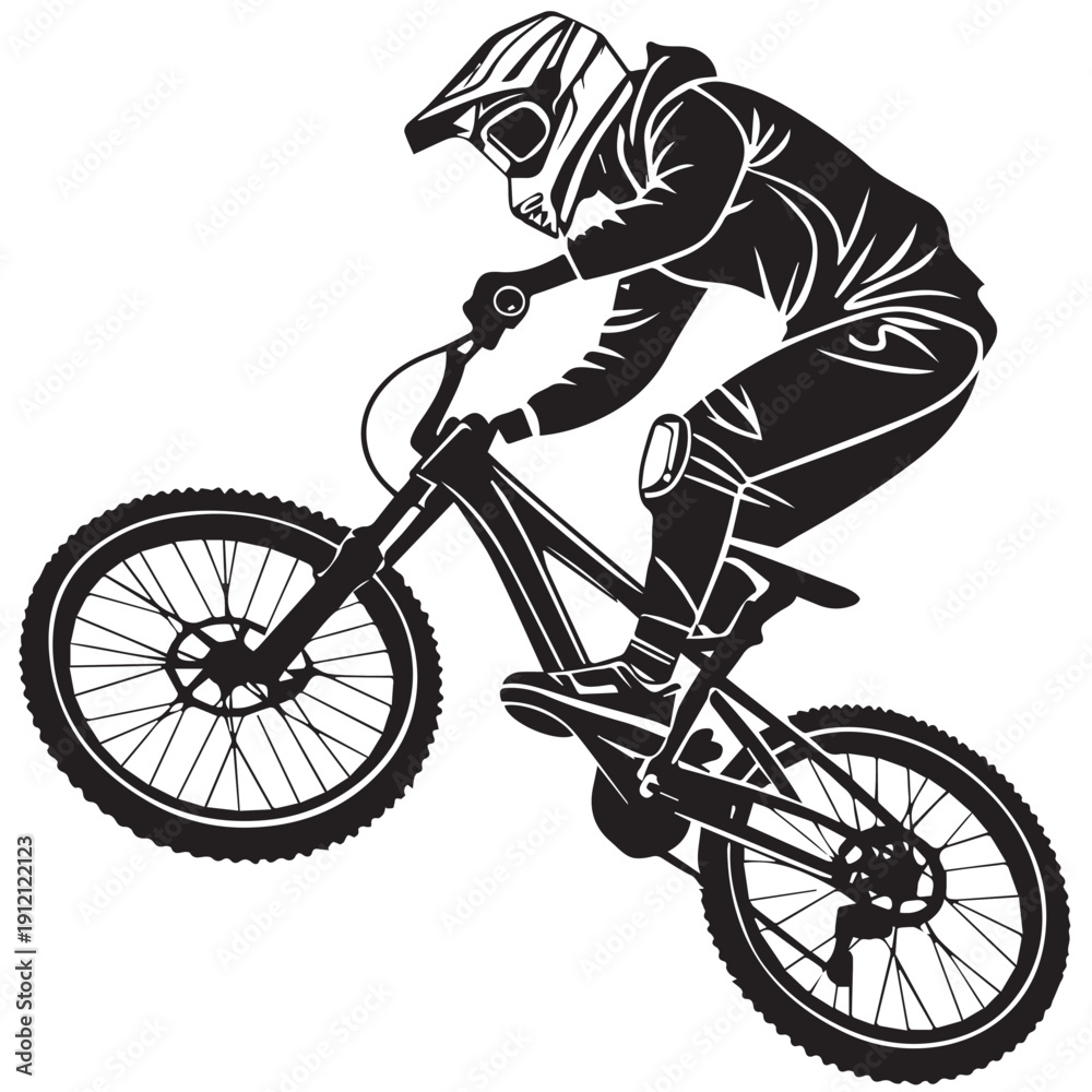 Naklejka premium Mountain Biker Jumping Silhouette, Downhill MTB Rider in Action Vector Illustration