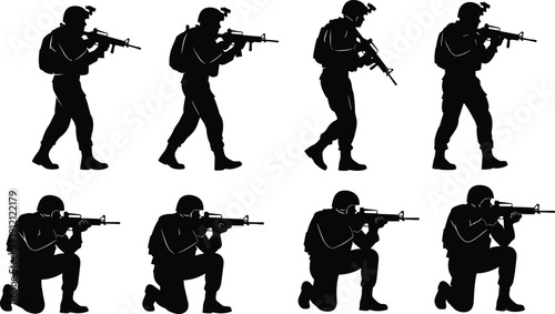 Army soldier silhouettes set with tactical combat poses walking and kneeling armed troops military vector illustration collection