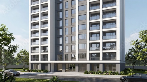 A modern high-rise building with a sleek design and large windows stands tall in a serene urban environment.