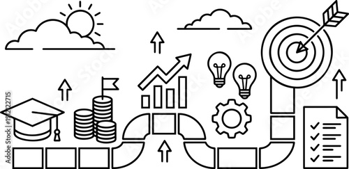 Vector Line Art of Career Success Path: From Education and Investment to Innovation and Target Achievement