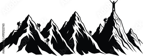Mountain climbers conquering peaks silhouette illustration representing teamwork leadership achievement adventure success and business growth concept vector design