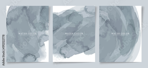 Collection of three artistic watercolor background templates featuring muted slate blue and gray abstract brush strokes design elements.