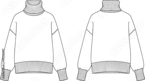 Front and back flat of a chunky knit turtleneck sweater with balloon sleeves and ribbed trim flat fashion apparel clothing template