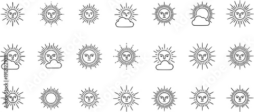 Sun icon set. Yellow sun star icons collection. Summer, sunlight, nature, sky. Vector illustration isolated on white background. 