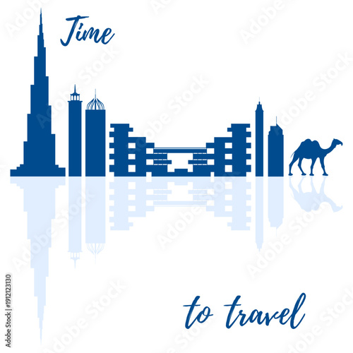 United Arab Emirates skyscrapers silhouette. Dubai buildings, hotels and symbol vector illustration. Dubai city skyline. Towers and landmarks cityscape. Camel. Design for banner, poster or print.