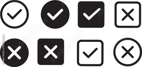 Check mark icon set with editable strokes. Approved and rejected symbols.