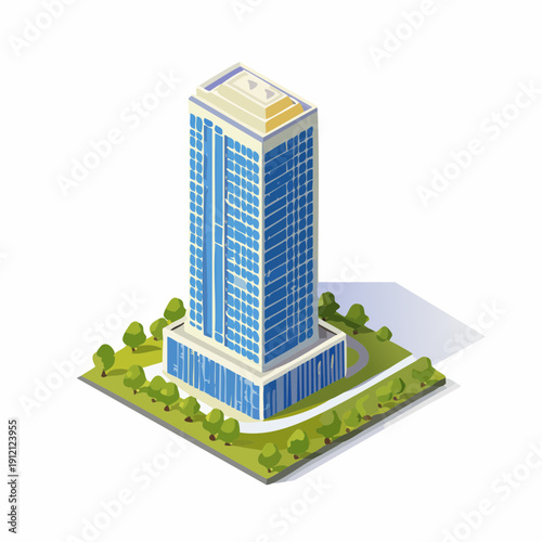 3D illustration of a modern high-rise office building with blue glass facade.
