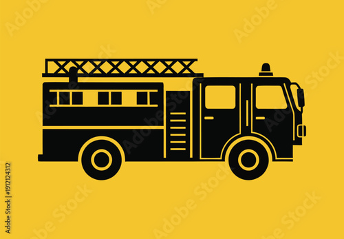 Black silhouette of a fire truck with ladders and equipment on a vibrant yellow background, simple flat design illustration.
