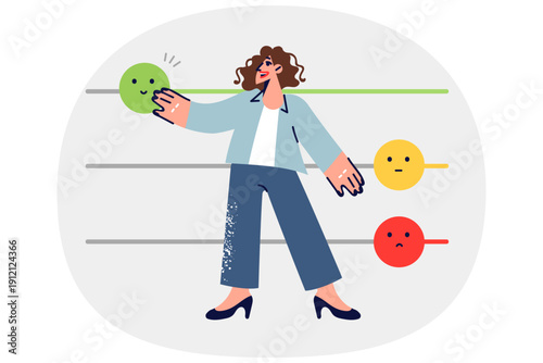 Woman gives feedback about product by moving smiley face and positively assessing experience