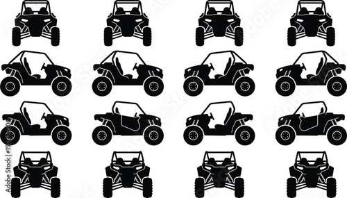 Off-road UTV silhouette vector set, black icons of utility terrain vehicles with front and side views and design variations
