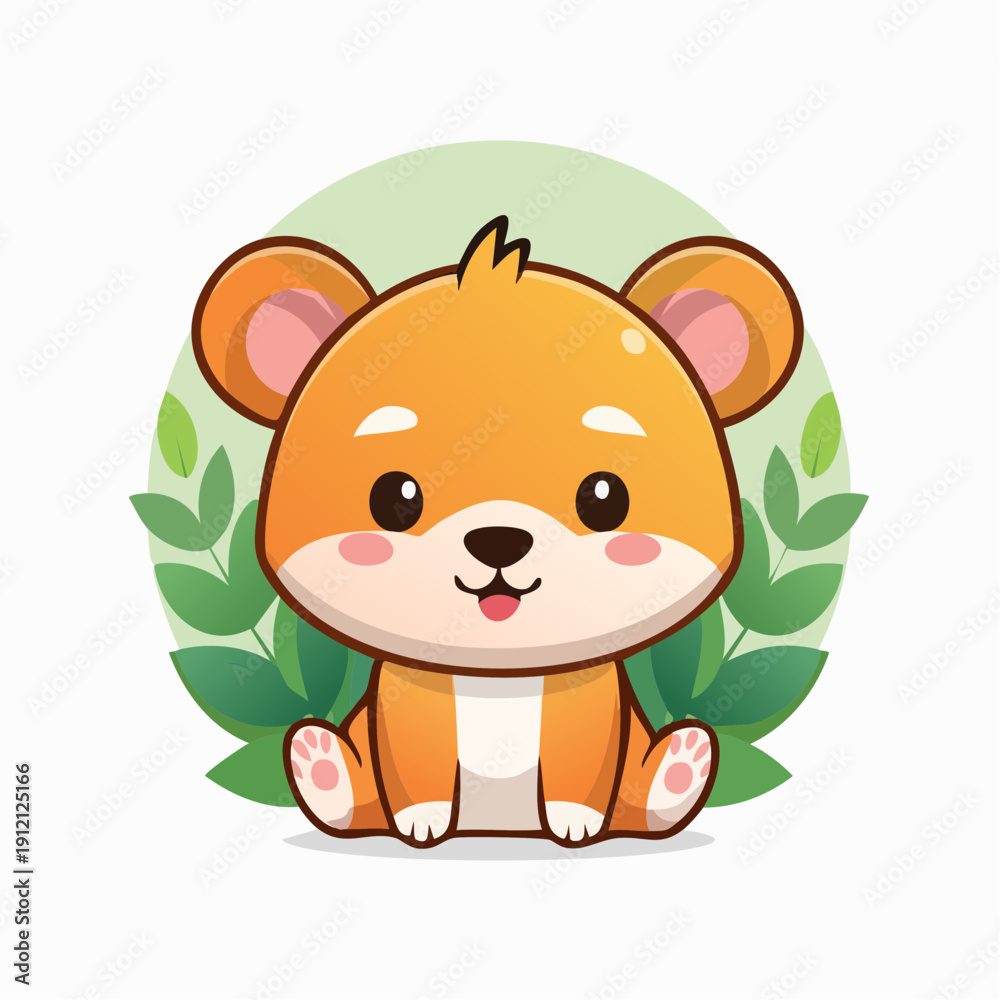 Fototapeta premium Delightful Chibi Style Illustration of a Happy Orange Bear Cub or Hamster Character Sitting Playfully Amidst Green Leaves