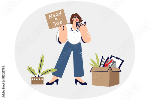 Fired woman shows inscription need job, standing near dismissal box and trying to find new employer