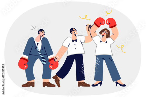 Gender struggle man and woman in boxing gloves or fought for right to work in lucrative position