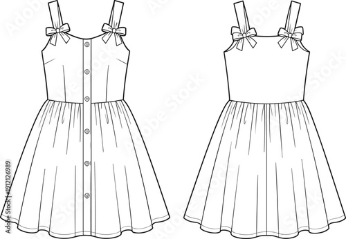 Technical sketch of girls’ sleeveless dress with bows and button front — perfect for kidswear fashion design and garment construction illustrations