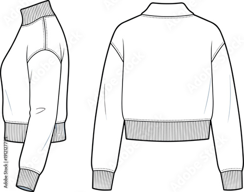 Technical sketch of women’s cropped sweater with ribbed neckline and dropped shoulders — perfect for fashion design, garment construction, and apparel development illustrations