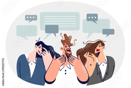Surprised people feel joy or panic having heard new gossip standing near dialogue clouds