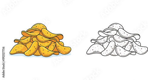 Pile of Crunchy Potato Chips Vector Illustration in Color and Black and White Outline Style, Salty Snack Food Heap for Coloring Book and Design Isolated on White