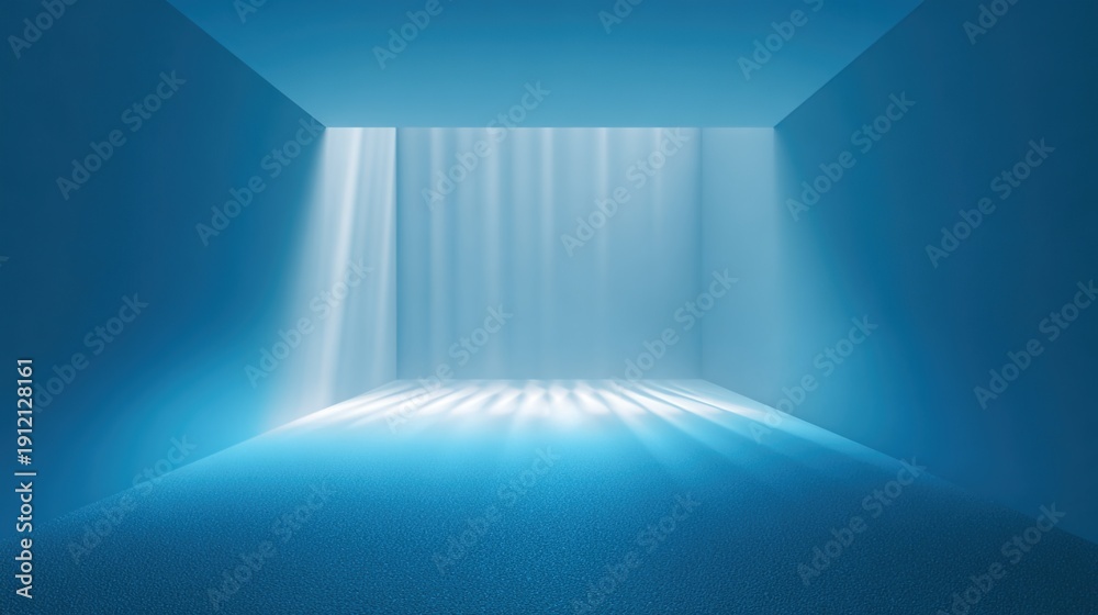 Obraz premium Serene Light and Shadow in Interior Space: Abstract minimalist interior design featuring an open ceiling with streams of bright light pouring into a cool, blue-toned space.