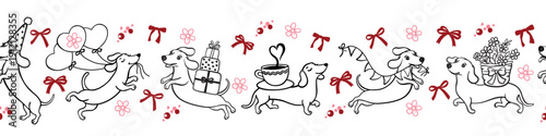 Cute seamless border with funny dachshund dogs, gifts, hearts, and flowers. Hand-drawn doodle style for Valentine's Day, birthdays, or baby nursery textile. Vector illustration