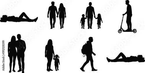 People lifestyle silhouettes collection walking resting family and scooter rider isolated black vector illustration on white background