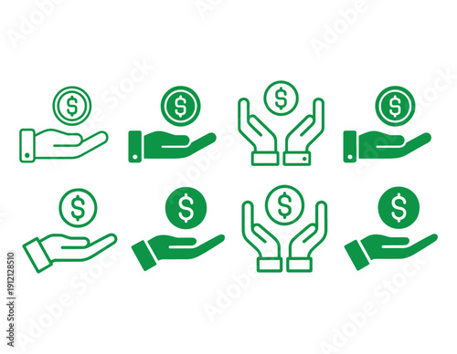 Money in hand icons set. Save money sign. Cash, loan, coin, dollar, saving, budget, earning money, revenue symbol. Hands holding dollar coin flat and line style - stock vector.