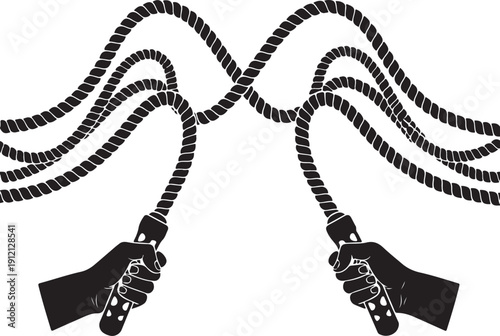 Two hands holding jump ropes with black ropes and handles skipping rope