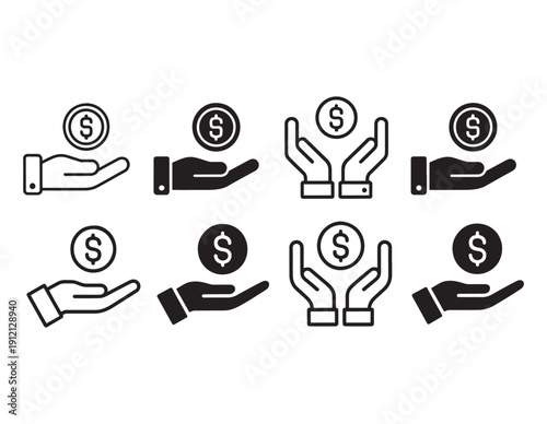 Money in hand icons set. Save money sign. Cash, loan, coin, dollar, saving, budget, earning money, revenue symbol. Hands holding dollar coin flat and line style - stock vector.