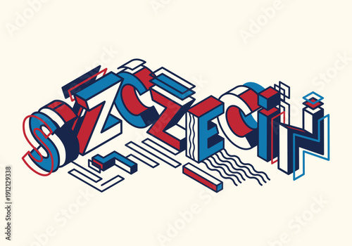 Szczecin city isometric stock city isometric stock vector illustration. Logo for Poland town in yellow red colors. Concept lettering for print, poster, banner, logo, advertising, sticker, postcard.