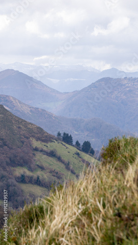 Photos A serene mountain landscape with rolling hills and cloudy sky