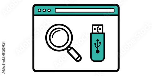 Teal browser window with magnifying glass and usb drive icon
