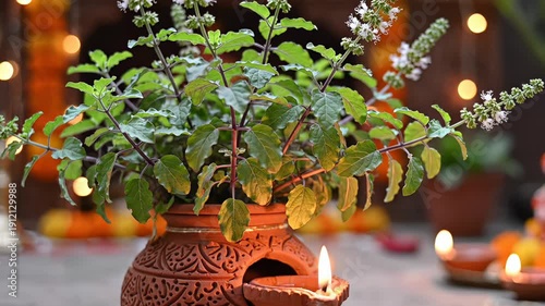 Green Holy Basil Plant in Ornate Terracotta Pot Illuminated by Oil Lamp Amidst Bokeh Lights and Marigold Garland Decorations Celebrating a Sacred Cultural Tradition