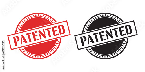 Two patented stamp icons in red and black isolated on white background