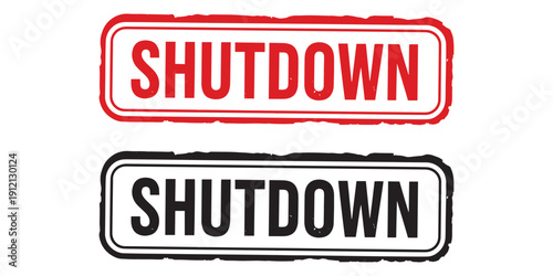 Two shutdown stamps isolated on white background with red and black text