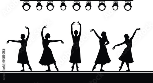 Ballet dancer silhouettes performing on theater stage under bright spotlights isolated black vector illustration set on white background