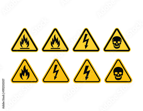 Free Download Caution signs set. Fire warning, hazard danger, high voltage icon. Attention, risk, flammable, skull, bone - stock vector. - GFXLoad