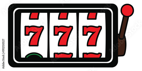 A colorful cartoon slot machine with three seven numbers