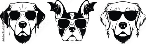 Dog face silhouette illustration set, three black icons sunglasses beard shaggy bat wings design, vector artwork, pet and lifestyle theme, isolated background