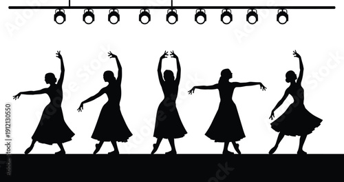 Female ballet dancers silhouettes performing on stage under spotlights isolated black vector illustration collection on white background
