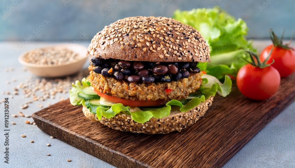 © Enver - quinoa and black bean veggie burger on whole grain bun with lettuce and tomato