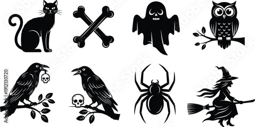 Halloween silhouette illustration set, eight black icons cat bones ghost owl crow spider witch spooky design, vector artwork, holiday and celebration theme, isolated background