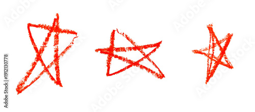 Red hand drawn star shapes isolated on transparent background.