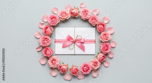 White Gift Box with Pink Ribbon Surrounded by Rose Wreath on Light Background