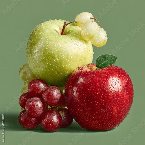 Fresh apples and grapes with water droplets on green background