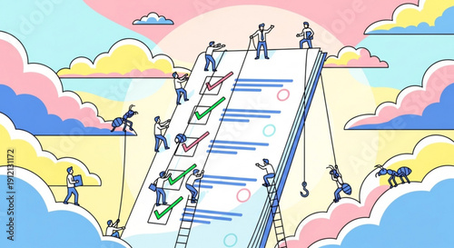 People working together to complete a large checklist in a colorful sky