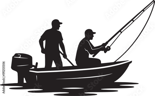 Two men fishing from a boat with an outboard motor on water also transparent background fishing rod