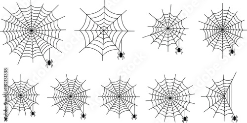 Silhouette illustration of eight spider webs with spiders in diverse designs and orientations, creepy Halloween decoration concept for nature study, creative artwork, and stock photography