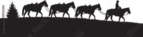Silhouette of a cowboy riding a horse leading three other horses across a grassy hill with a pine tree also transparent background