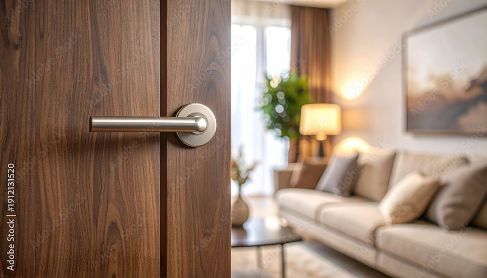 Obraz premium Close up of elegant wooden door with silver handle opening into blurred cozy modern living room with sofa and warm lighting